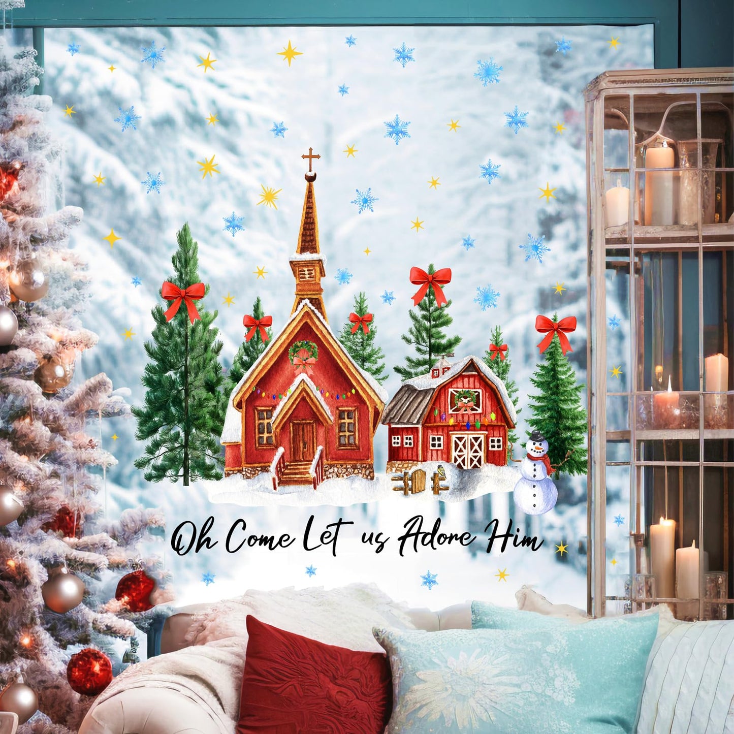 Large Christmas House Wall Stickers Christmas Pine Tree Window Wall Decals Winter Snowflake Snowman Tree House Window Stickers Holiday Windows Decals Removable Xmas Party Decorations
