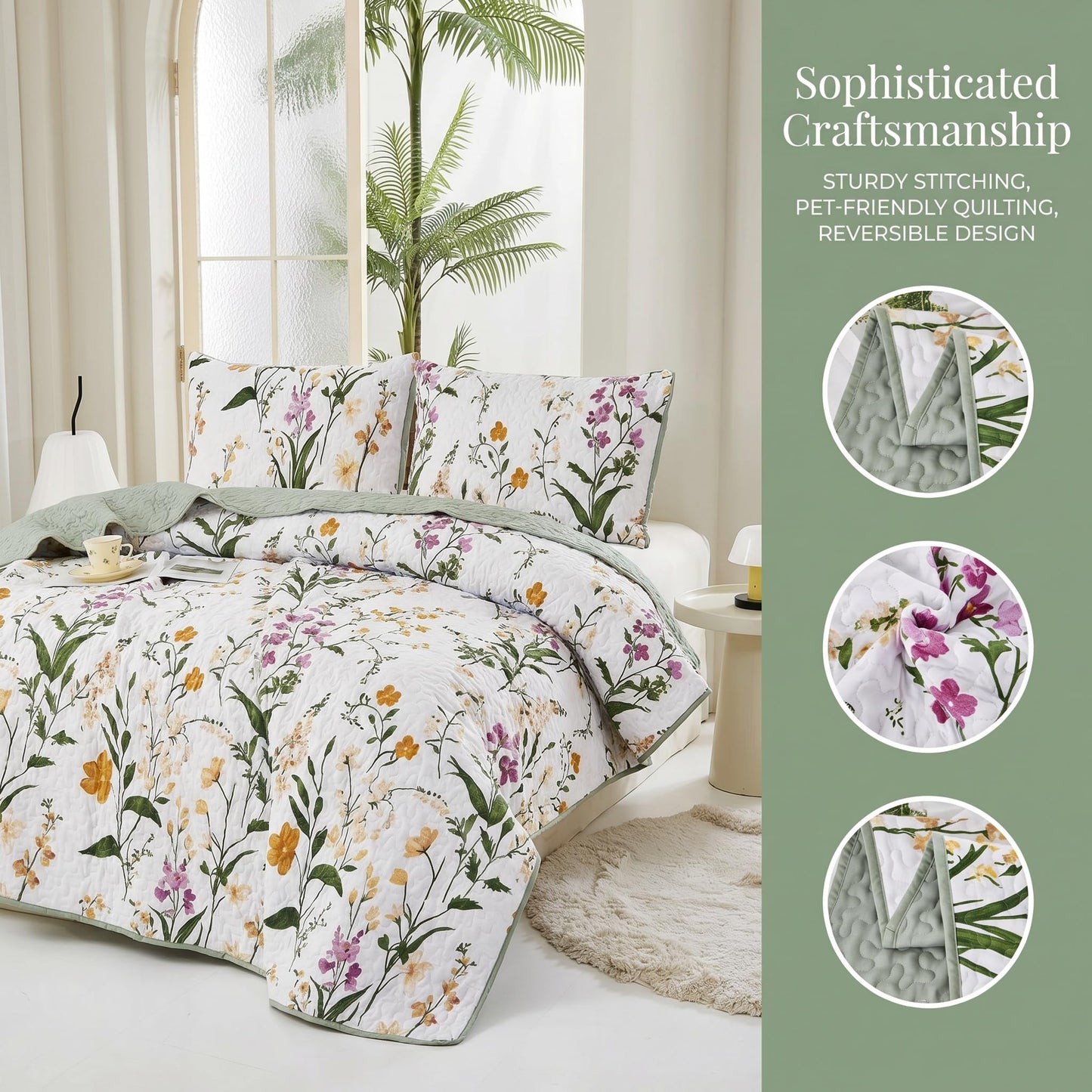 SANOCAY Boho Floral Quilt Set Queen Size 3 Piece Lightweight Summer Bedding Set with 2 Pillow Shams Soft Reversible Microfiber Bedspread Farmhouse Coverlet for All Season (Minimalist Floral, Queen)