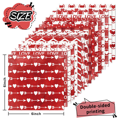 JarThenaAMCS 32 Sheets Valentine Pattern Paper Red White Love Heart Arrow Scrapbook Specialty Paper Double Sided Decorative Art Paper for DIY Crafts Supplies, 6 x 6 Inch