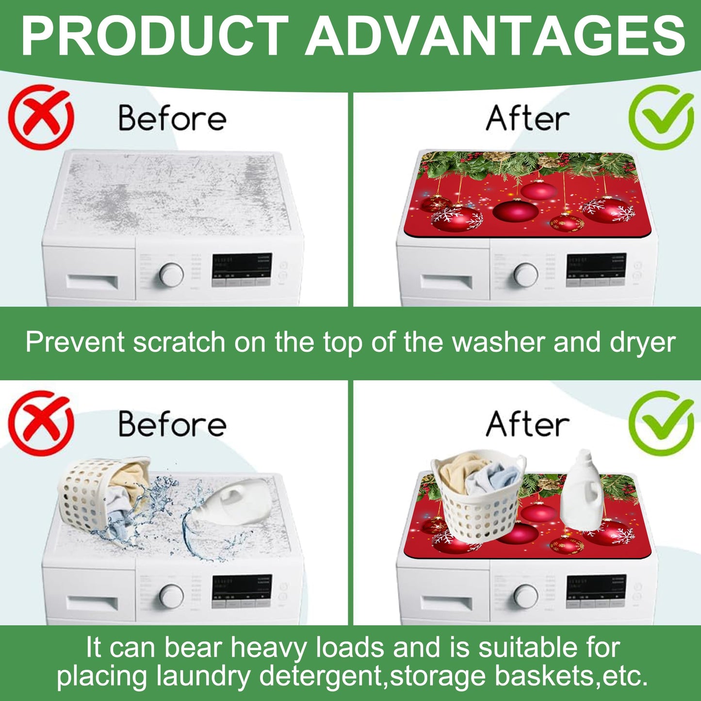 Christmas Fir Twigs and Red Balls Washer and Dryer Covers For The Top, Non-slip Fast Drying Absorbent Dryer Top Protector Mat for Kitchen Laundry Room Decor,23.6"x19.7"