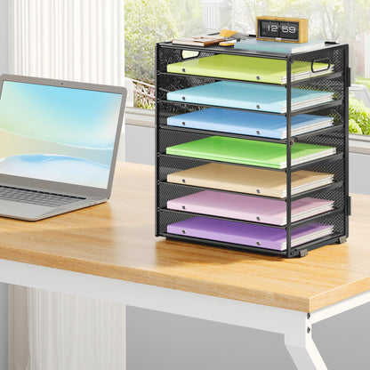 Biciyarn 8 Tier Paper Organizer with Handle, Metal Mesh Desk File Organizer, Large Capacity Desk Organizers Paper Letter Tray Desktop Document Sorter for Office, Home or School - Black