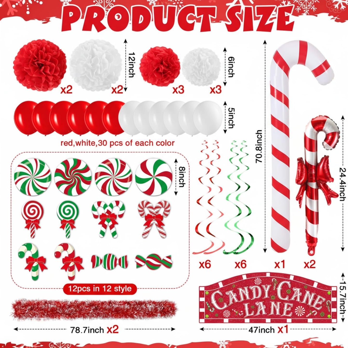 Soulchen 100 Pcs Christmas Golf Cart Decorations Xmas Candy Canes Lollipop PVC Decor Inflatable Red Tinsel Garlands Banner Red Hanging Swirls Tissue Paper Pompoms for Golf Cart Party Supplies Decor