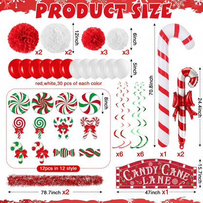 Soulchen 100 Pcs Christmas Golf Cart Decorations Xmas Candy Canes Lollipop PVC Decor Inflatable Red Tinsel Garlands Banner Red Hanging Swirls Tissue Paper Pompoms for Golf Cart Party Supplies Decor