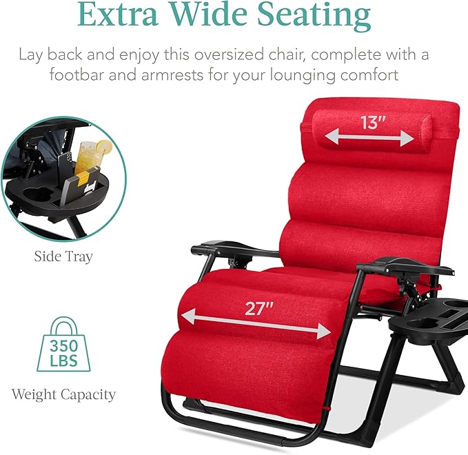 Best Choice Products Oversized Zero Gravity Chair, Folding Outdoor Patio Recliner, XL Anti Gravity Lounger w/Removable Cushion, Cup Holder, Side Tray, 350lb Capacity - Crimson Red