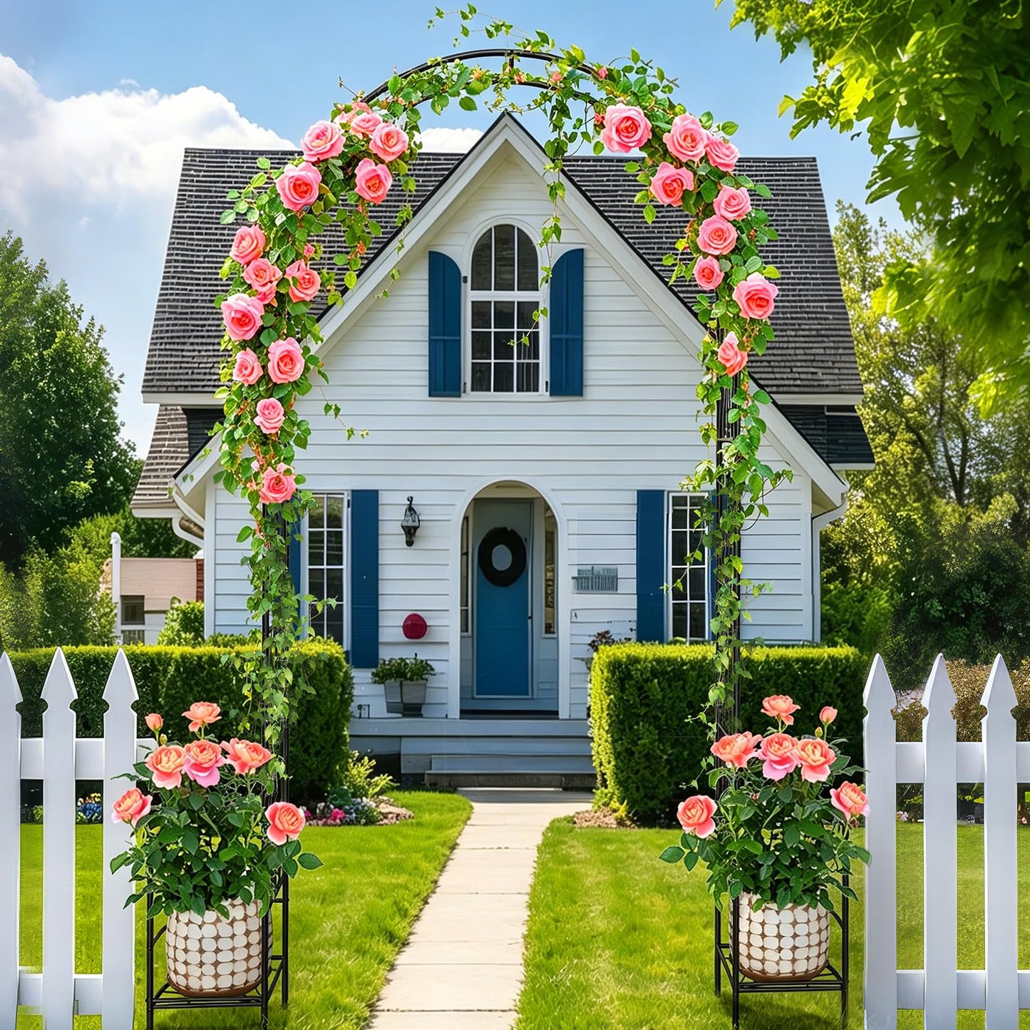 OUSHENG 8FT Metal Garden Arch Trellis with Planter Boxes for Climbing Plants Outdoor, Heavy-Duty Wedding Arch Backdrop Stand for Ceremony, Party, and Garden Decorations, Rust-Resistant Black Pergola