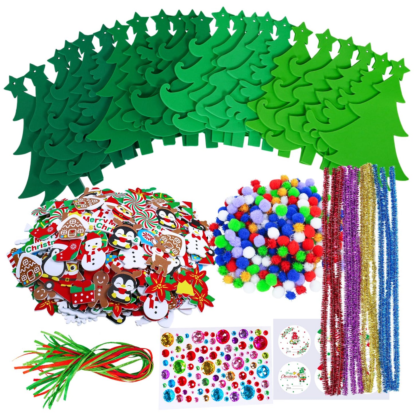 Winlyn 24 Sets Christmas Tree Ornaments Decorations Art Sets DIY Christmas Craft Kits Pine Tree Snowman Snowflake Penguin Foam Stickers Arts and Crafts for Kids Party Favors Home Classroom Activities