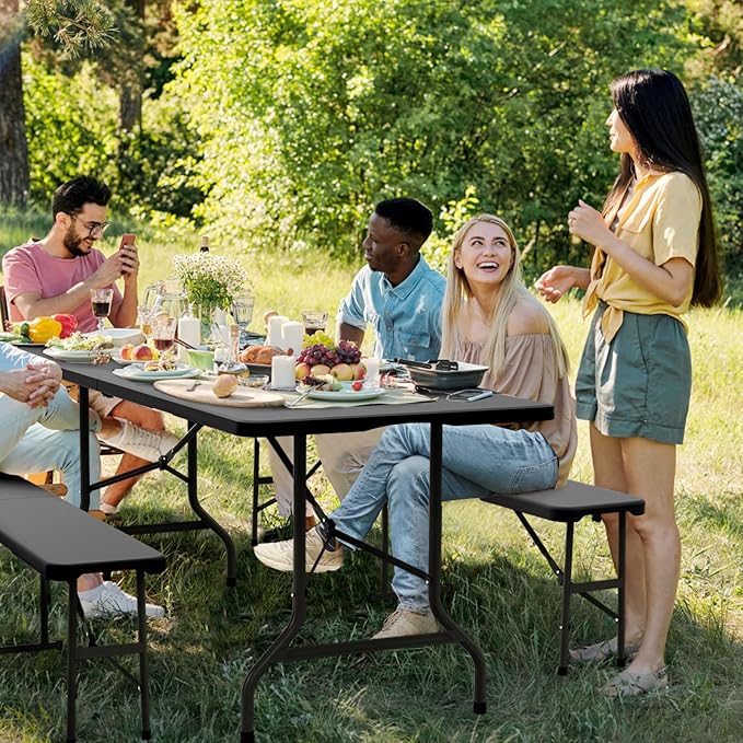 VINGLI Picnic Table Set with 2 Benches, 6 Feet Camping Table Chair Set