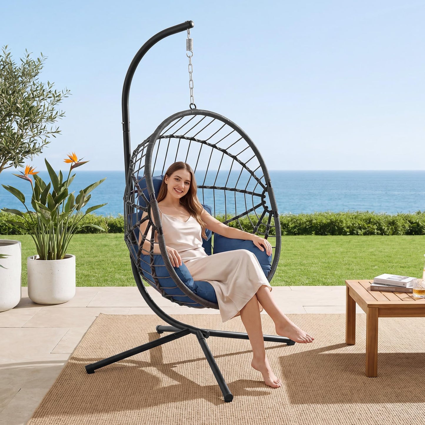 LEX CRAFT Hanging Egg Chair with Stand, Swinging Egg Chair Outdoor Indoor, Hanging Basket Chair with Cushion, Patio Wicker Hammock Chair 350lbs Capacity (Grey-Blue)