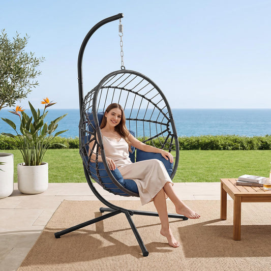 LEX CRAFT Hanging Egg Chair with Stand, Swinging Egg Chair Outdoor Indoor, Hanging Basket Chair with Cushion, Patio Wicker Hammock Chair 350lbs Capacity (Grey-Blue)