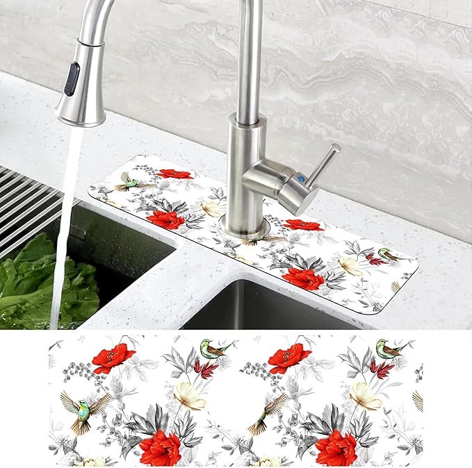 Poppy Wildflower Nightingale Sink Faucet Absorbing Mat Sink Splash Guard Faucet