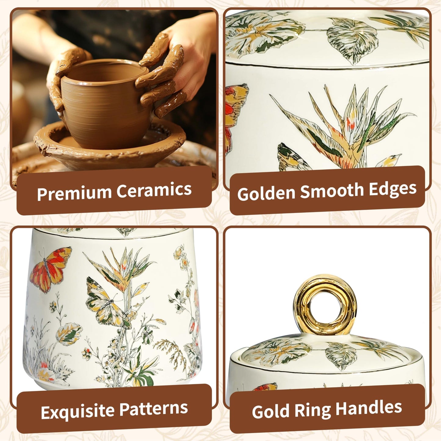 JUSONEY Ceramic Sugar Bowl with Lid and Spoon with Floral Pattern, Gold Trim - 7.5oz Elegant Sugar Jar with Lid and Spoon, Nordic Style for Kitchen, Dining, Cafe, Gift Idea (B)