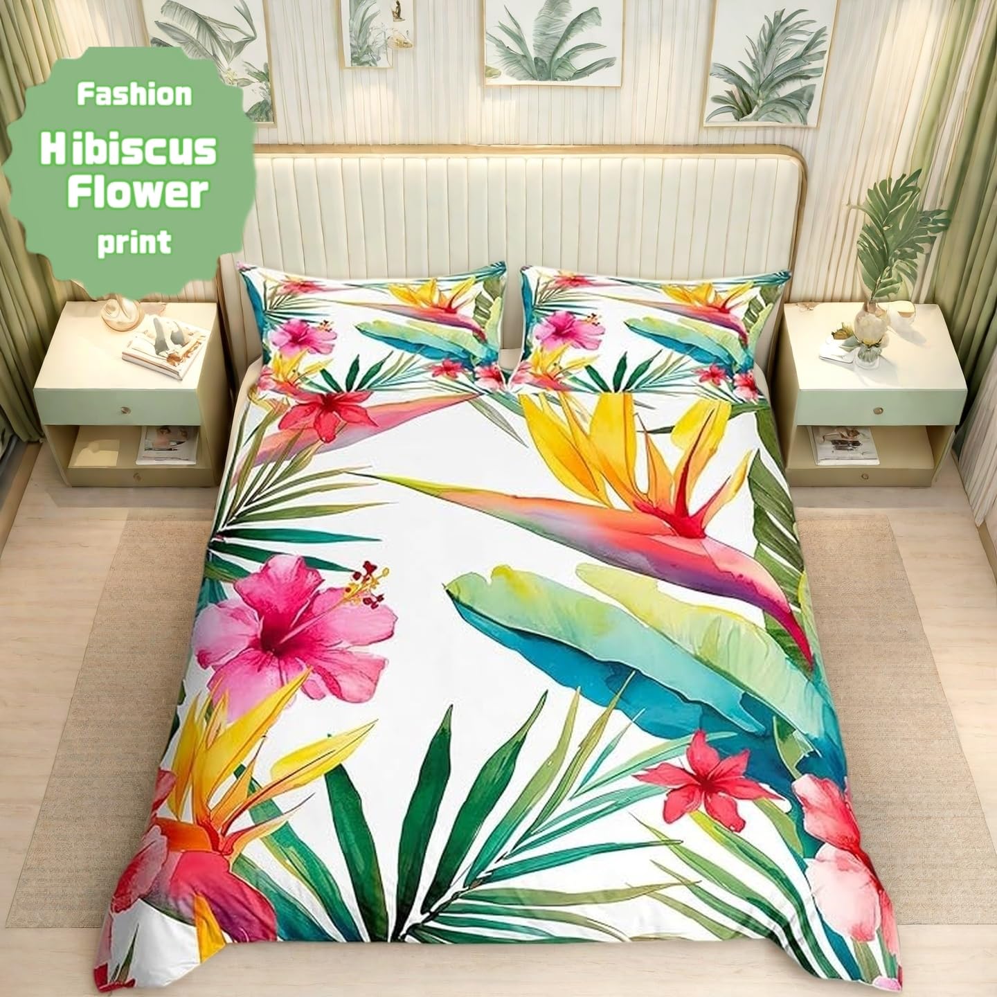 Tropical Tree Plant Duvet Cover Set Queen Size with Zipper Closure, Watercolor Red Hibiscus Flower Pattern Printed Comforter Cover,Palm Leaves Bedding Sets with 2 Pillow Cases,Soft,Green Pink