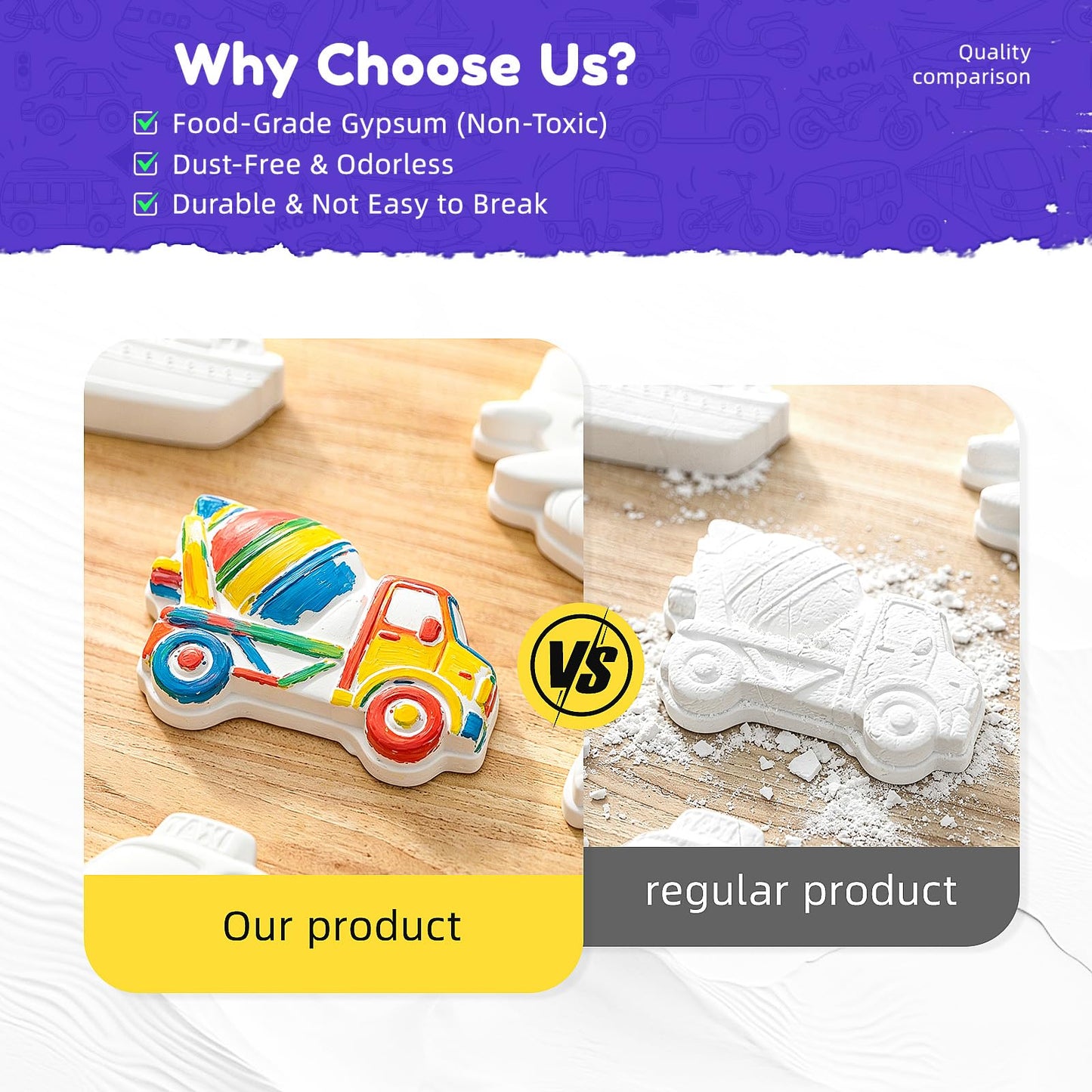 GloomGlo 24 Pcs Transportation Theme DIY Ceramic Painting Kit,Unpainted Plaster Vehicles Arts and Crafts with Complete Paint Set, Brushes & Palettes for Kids and Adults, Children Birthday Gifts