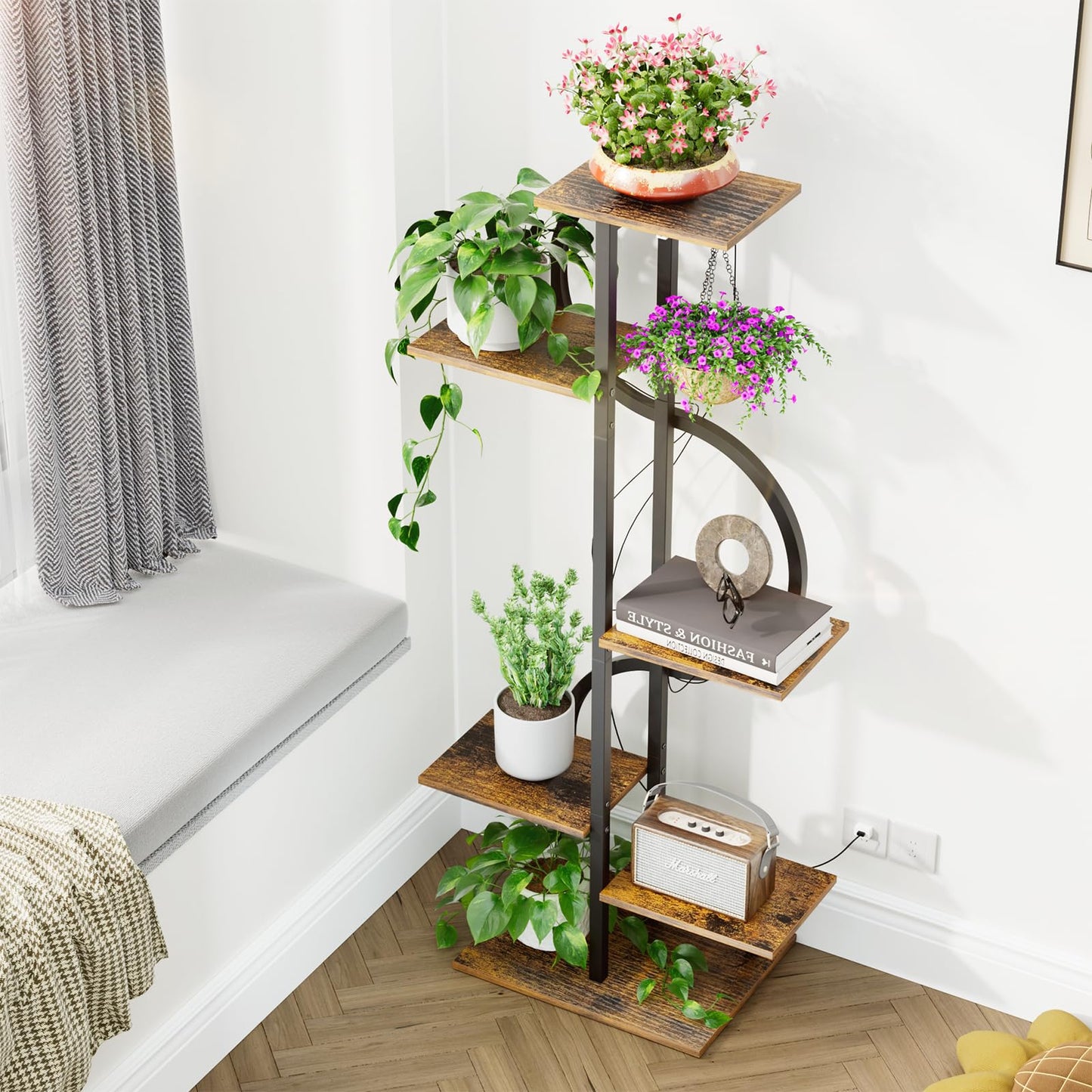 REFGY 6-Tier Tall Plant Stand with Hanging Hook, Multi-Tiered Vertical Flower Pot Holder for Indoor Outdoor, Heavy Duty Metal Plant Shelf for Corner, Living Room, Balcony, Patio, Rustic Brown