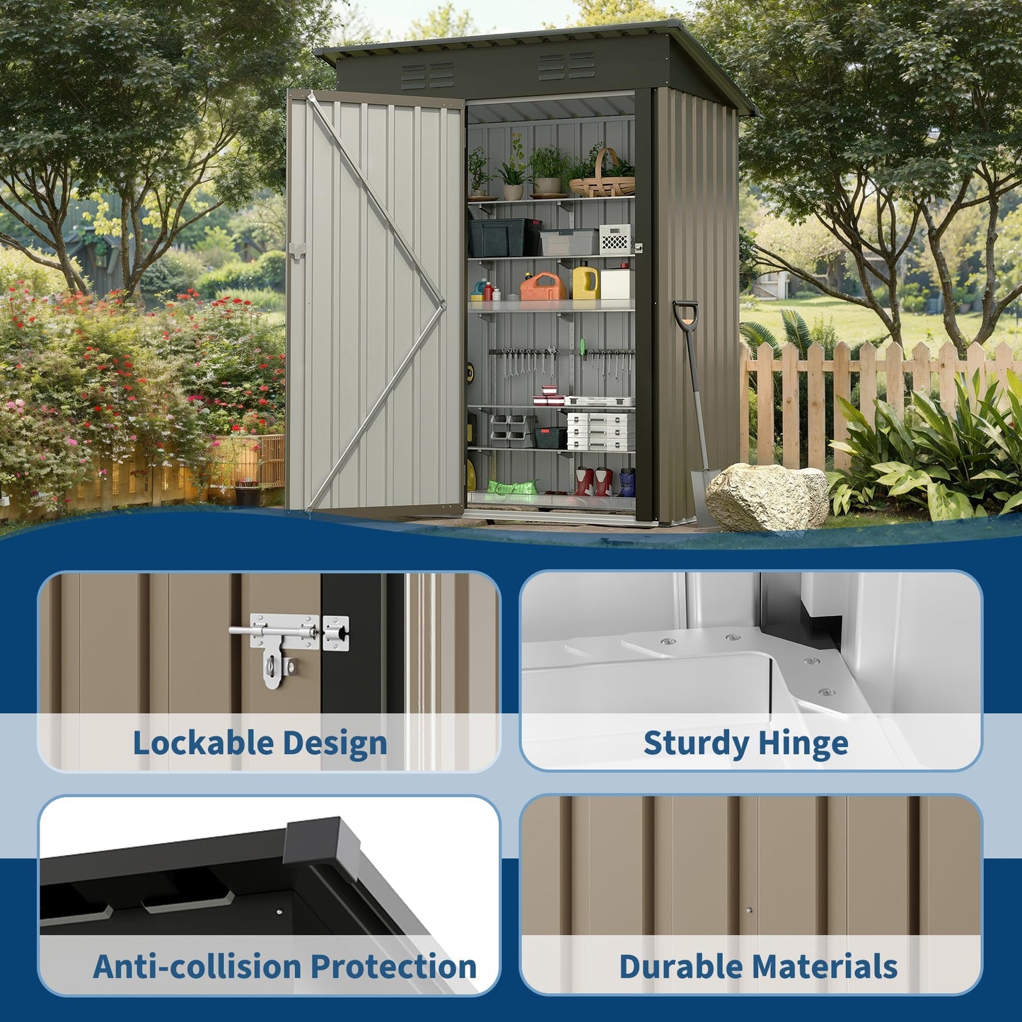 5x3Ft Outdoor Storage Shed, Metal Tool Shed with Lockable Door & Sloped Roof, Weatherproof, Compact Garden Storage Shed for Backyard, Patio, Lawn, or Tools & Equipment, Brown