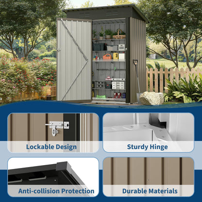 5x3Ft Outdoor Storage Shed, Metal Tool Shed with Lockable Door & Sloped Roof, Weatherproof, Compact Garden Storage Shed for Backyard, Patio, Lawn, or Tools & Equipment, Brown