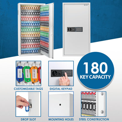 Barska Digital Keypad Wall-Mount Key Cabinet Safe – Steel Lockbox with Pry-Resistant Deadbolts, Holds 180 Keys, Key Deposit Slot, Security Organizer for Home, Office, Business