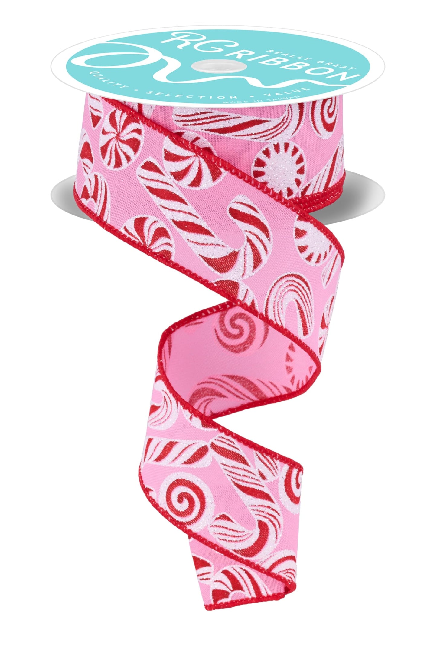 RG Ribbon 1.5" Pink Candy Canes and Peppermints, Wired, 10 Yards - for Christmas Bows, Wreaths, Tree Toppers, Gift Wrap, Crafts and Decorations