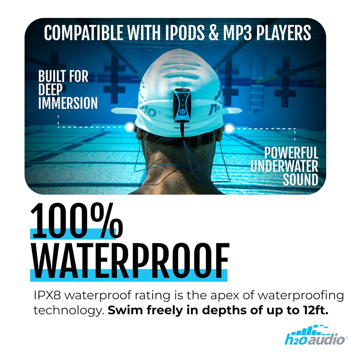 H2O Audio Surge S+ Waterproof Sport Headphones, (Short Cord Design) – in-Ear Sweatproof Earbuds for Swimming, Running, Cycling – IPX8 Waterproof, Compatible with iPods & MP3 Players