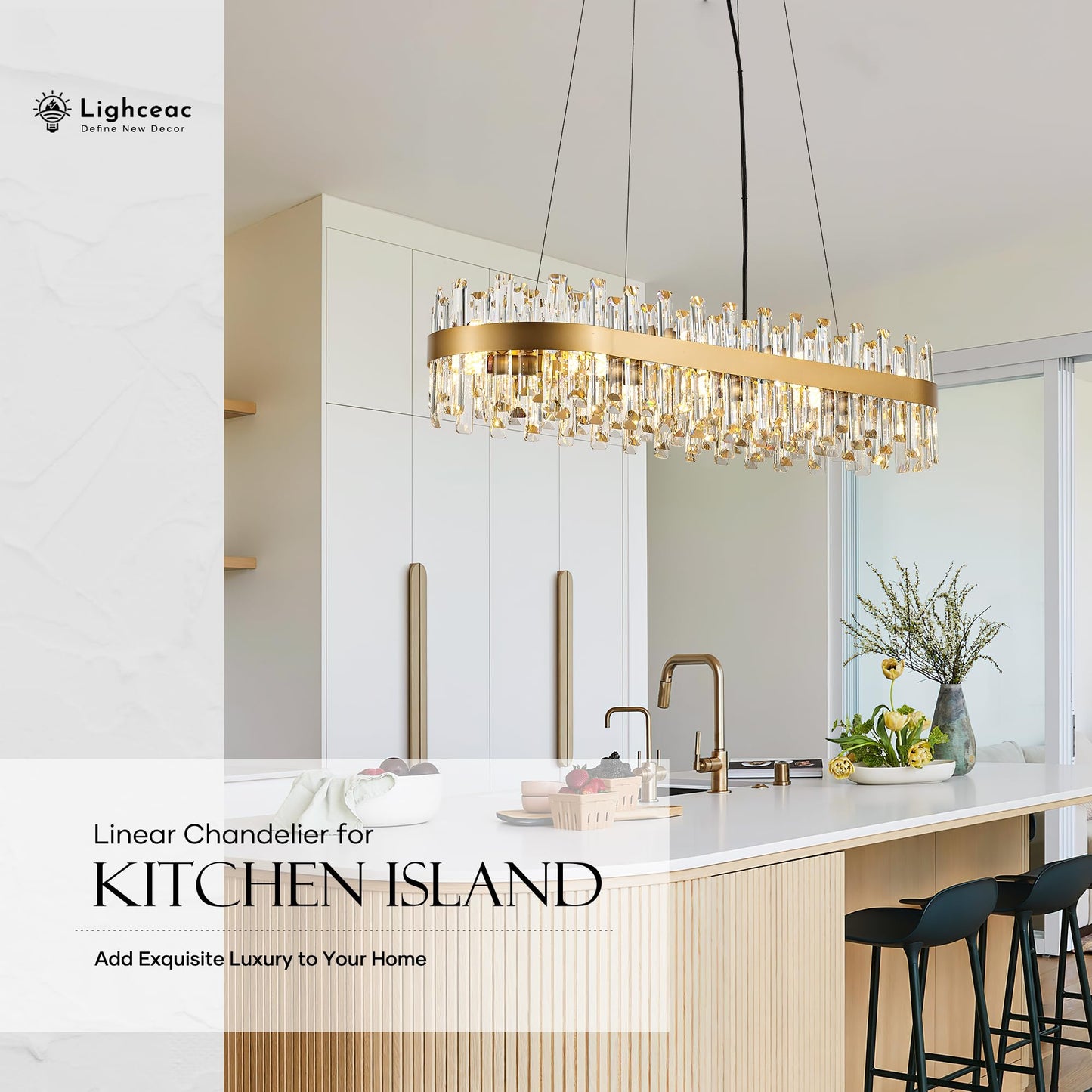 lighceac 39" Modern Gold Rectangle Crystal Chandelier Light Fixtures for Kitchen Island Luxury Linear Crystal Chandeliers for Dining Room 16-Light Long Hanging Pendant Lighting for Entryway Foyer Bar