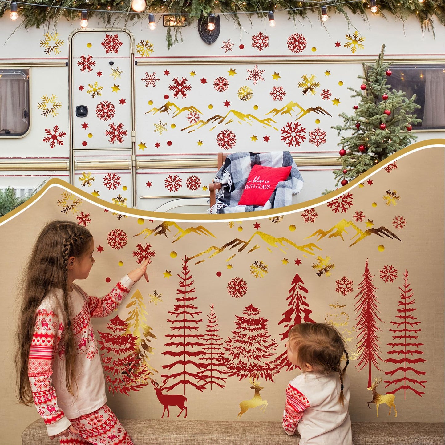 Teling 8 Pieces Winter Snowflake Wall Decals Stickers Dreamy Nursery Forest Woodland Trees Deer Pine Tree Wall Decals for Kids Room Winter Decor(Red, Gold)
