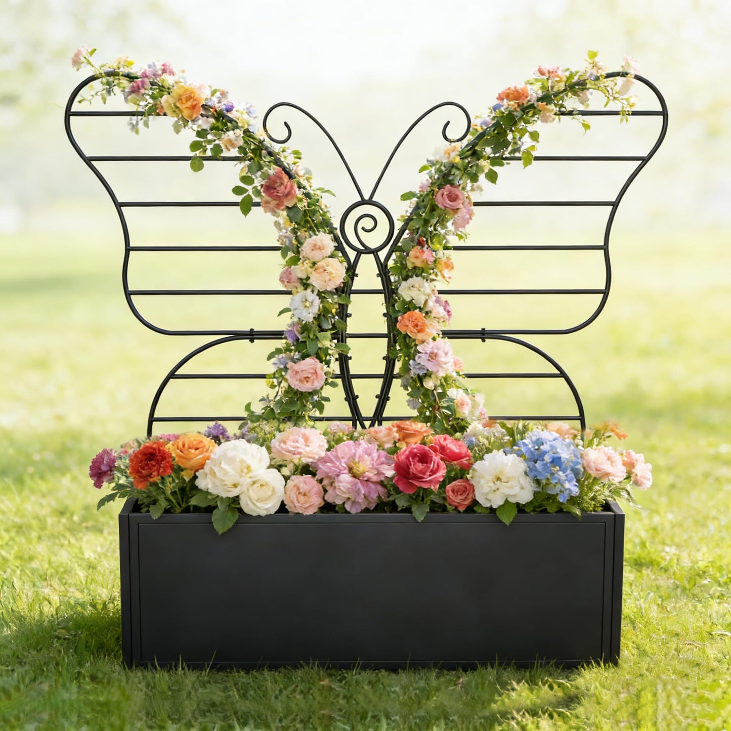 Zyphorinth Metal Planter Box with Trellis, Raised Garden Bed for Climbing Plants, Vegetables, Vines, Privacy Planters for Patio with Drainage Holes, Black- Butterfly-Shaped