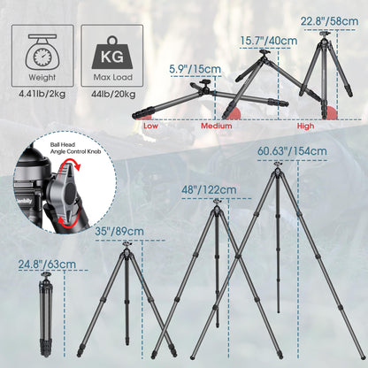 Manbily Carbon Fiber Hunting Tripod, 36mm Thick Leg Shooting Tripod with 360 Degree 44mm Large Ball and Picatinny to Arca Swiss Adapters, Max Load 44 lbs - TS-364PA