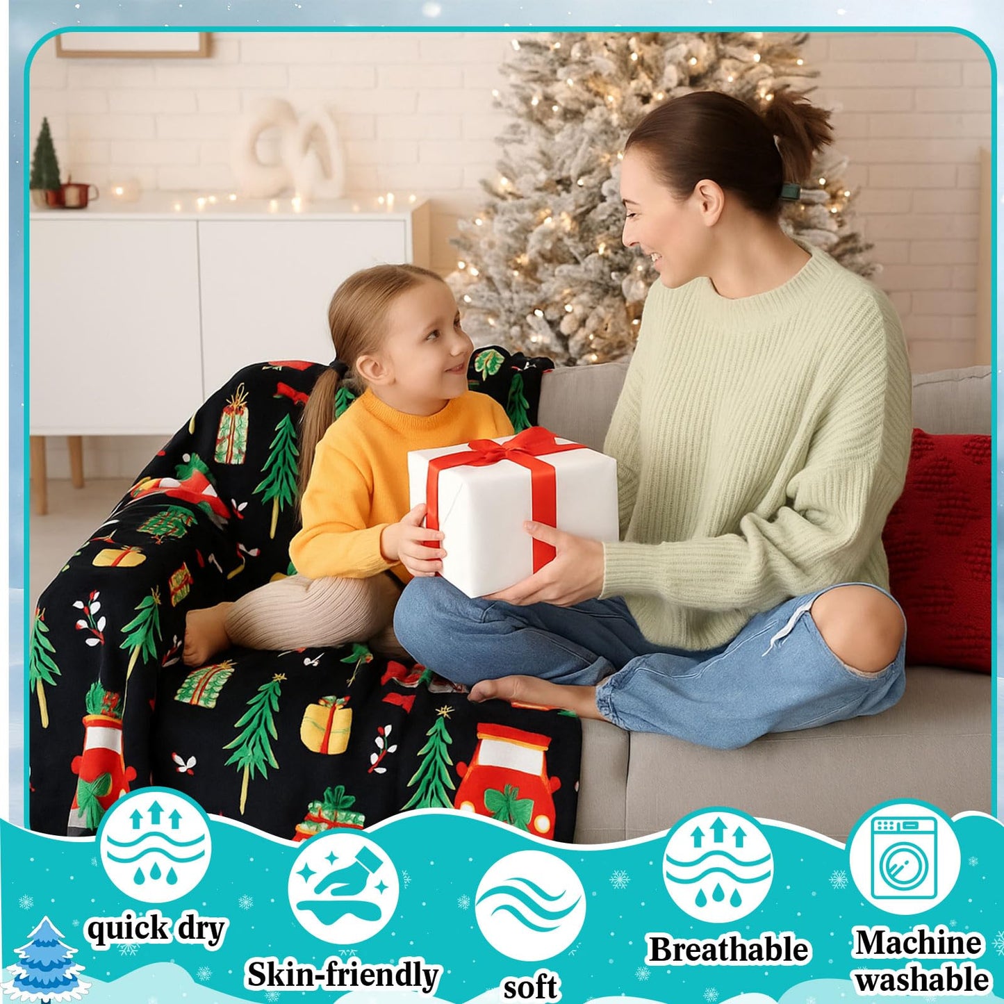 Buryeah 4 Pcs 40 x 50 Inch Christmas Throw Blanket Warm Soft Santa Claus Christmas Tree Gingerbread Plush Blanket Flannel Fleece Throw for Xmas Couch Chair Bedroom Picnic Home Decoration