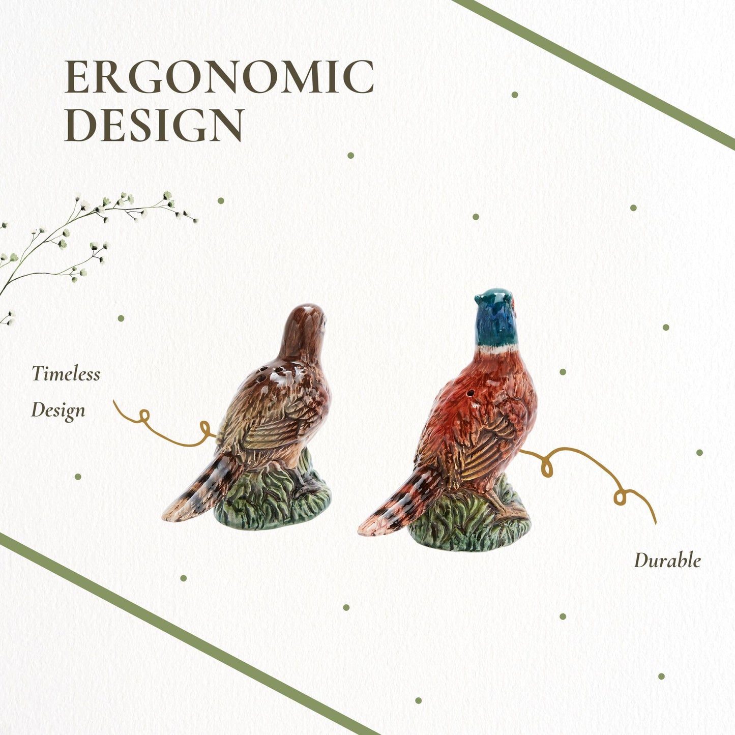 Spode 3.5" Pheasant-Shaped Salt and Pepper Shakers - Dolomite Ceramic Farmhouse Décor for Formal Dining, Decorative Salt & Pepper Set with Easy Refill Bottom Stoppers, Ideal for Thanksgiving Table