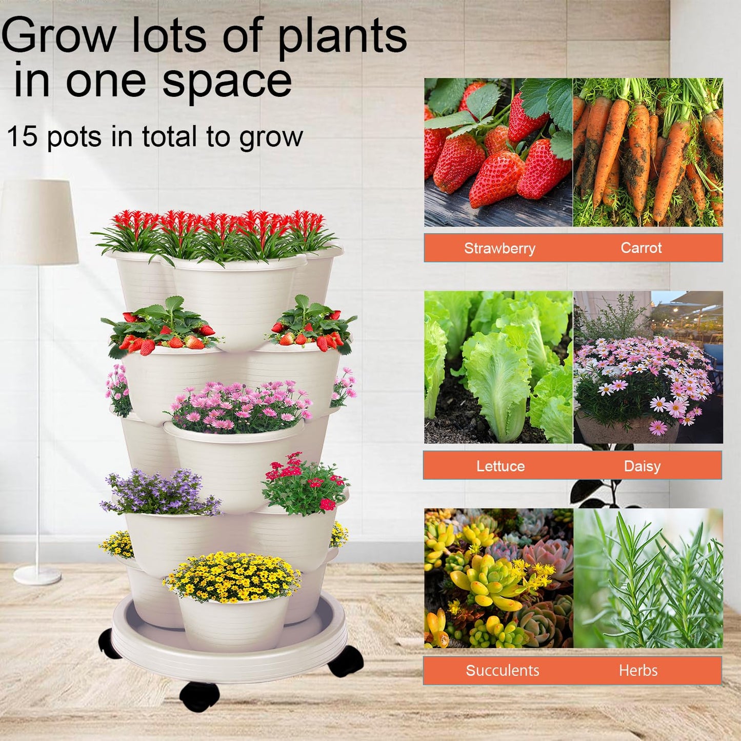 Pinky Family 5-Tier Vertical Garden Tower Stackable Planter for Strawberries, Flowers, Vegetables & Herbs Beige