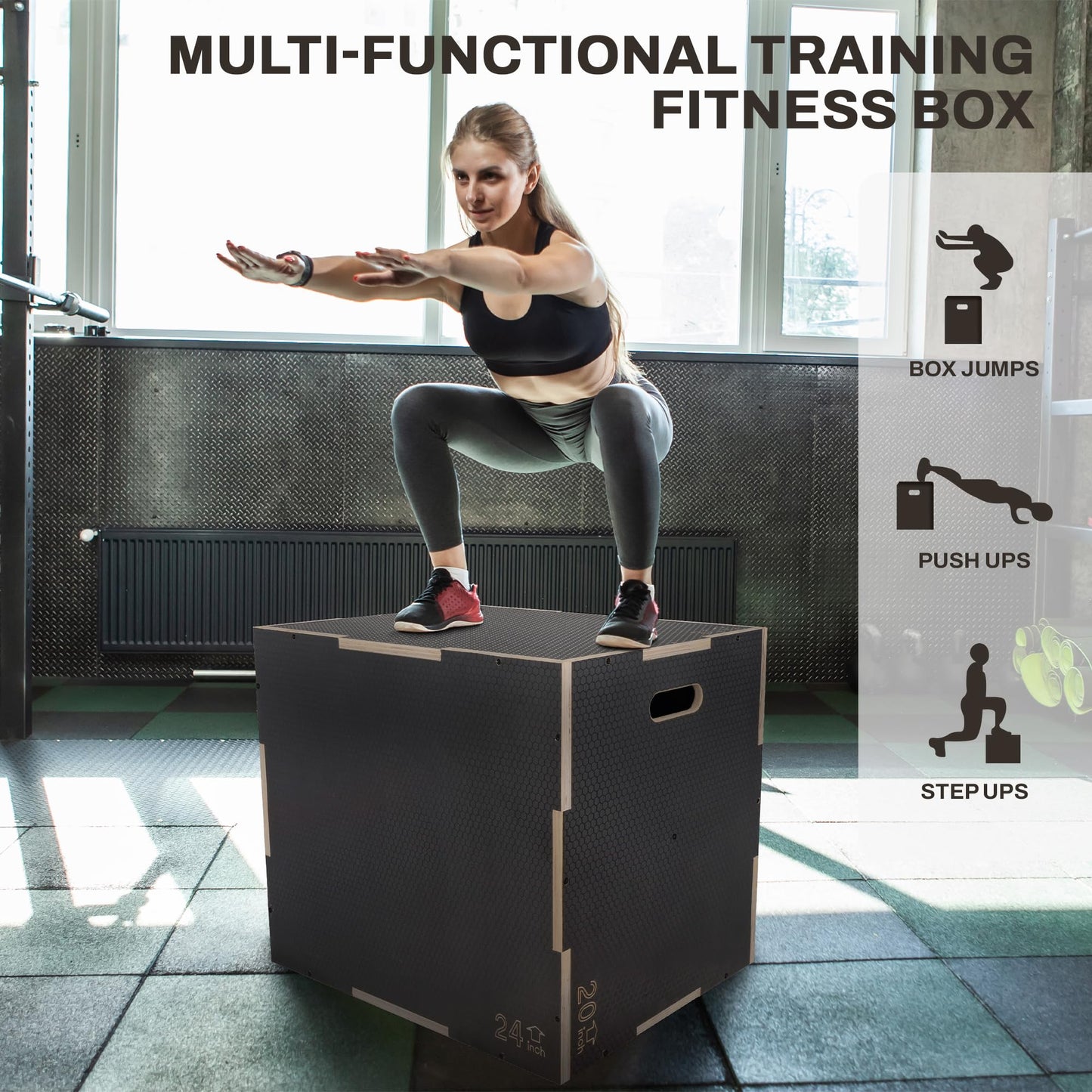 Signature Fitness 3 in 1 Non-Slip Wooden Plyo Box Plyometric Box Jumping Exercise, 20x24x30 Inches, Gray