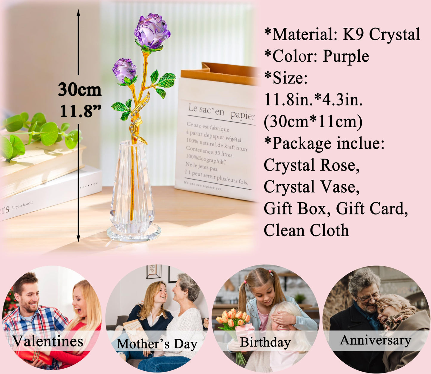 Rose Flower Crystal Figurine with Vase - Purple Bouquet Flowers Ornament Gifts for Wife Girlfriend Women - Handmade Crystal Flower Collectible Home Table Decor for Valentine Day Wedding Anniversary