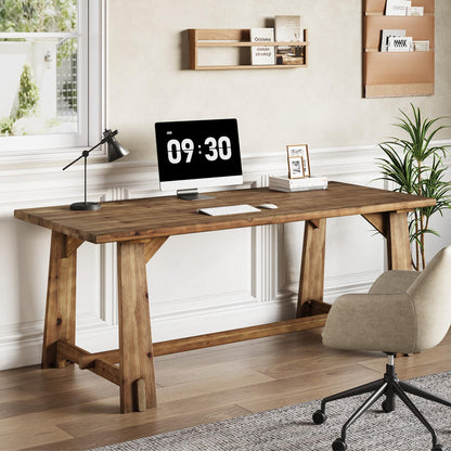 LITTLE TREE 63" Solid Wood Office Desk, Farmhouse Executive Computer Desk, Large Work Writing Table, Rustic Brown Home Office Workstaticon, Business Furniture