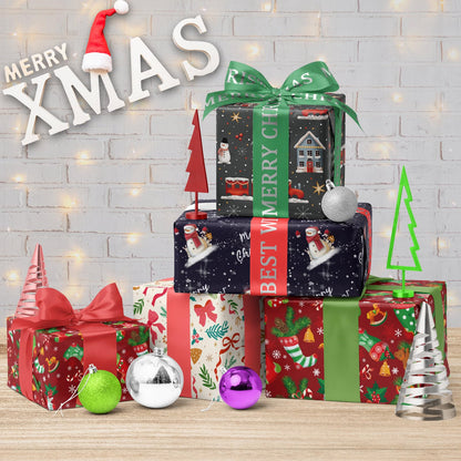 GIOLNIAY Christmas Bows Wrapping Paper for Girls Boys Kids - Holiday Gift Wrap with Ribbons, Red Bows, Winter Foliage Design - 4 Jumbo Sheets, 28″×40″ Each, Easy to Store