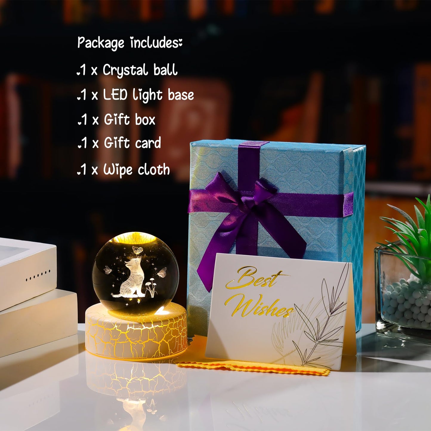 2.36in. Miniatured Cat with Butterflies Birthday Christmas for Women Girlfriend, 3D Glass Engraved Cute Cat K9 Crystal Ball with Light Base for Home Office Decoration
