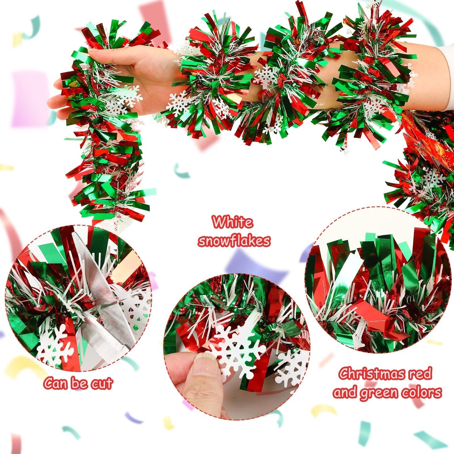 MARFOREVER Christmas Snowflake Tinsel Garland, Red Green Snowflake Metallic Twist Garlands for Winter Wonderland Christmas Tree Holiday Party Indoor Outdoor Home Wall Decoration, 3 Pcs 19.7 FT