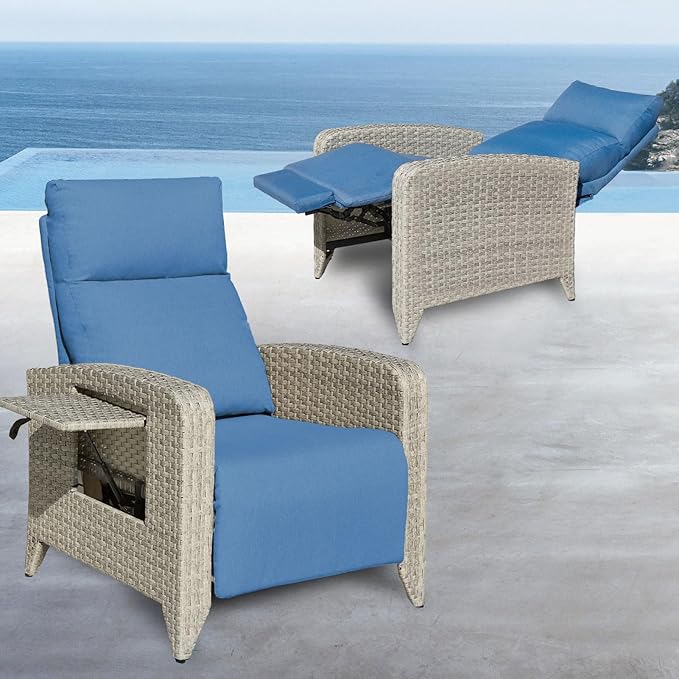 Outdoor Recliner Chairs Set of 2, Reclining Patio Chairs with Adjustable Back up to 150°Lay Flat and Extended Footrest, Wicker Recliner Chairs with Flip Table and Removable Olefin Cushion
