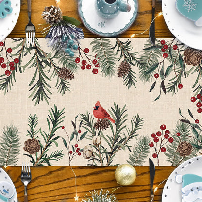 Seliem Winter Pine Needle Branches Table Runner, Pine Cone Cardinal Red Birds Berry Farmhouse Kitchen Dining Table Decor, Christmas Holiday Home Decoration Indoor Outdoor Party Supply 13 x 72 Inches