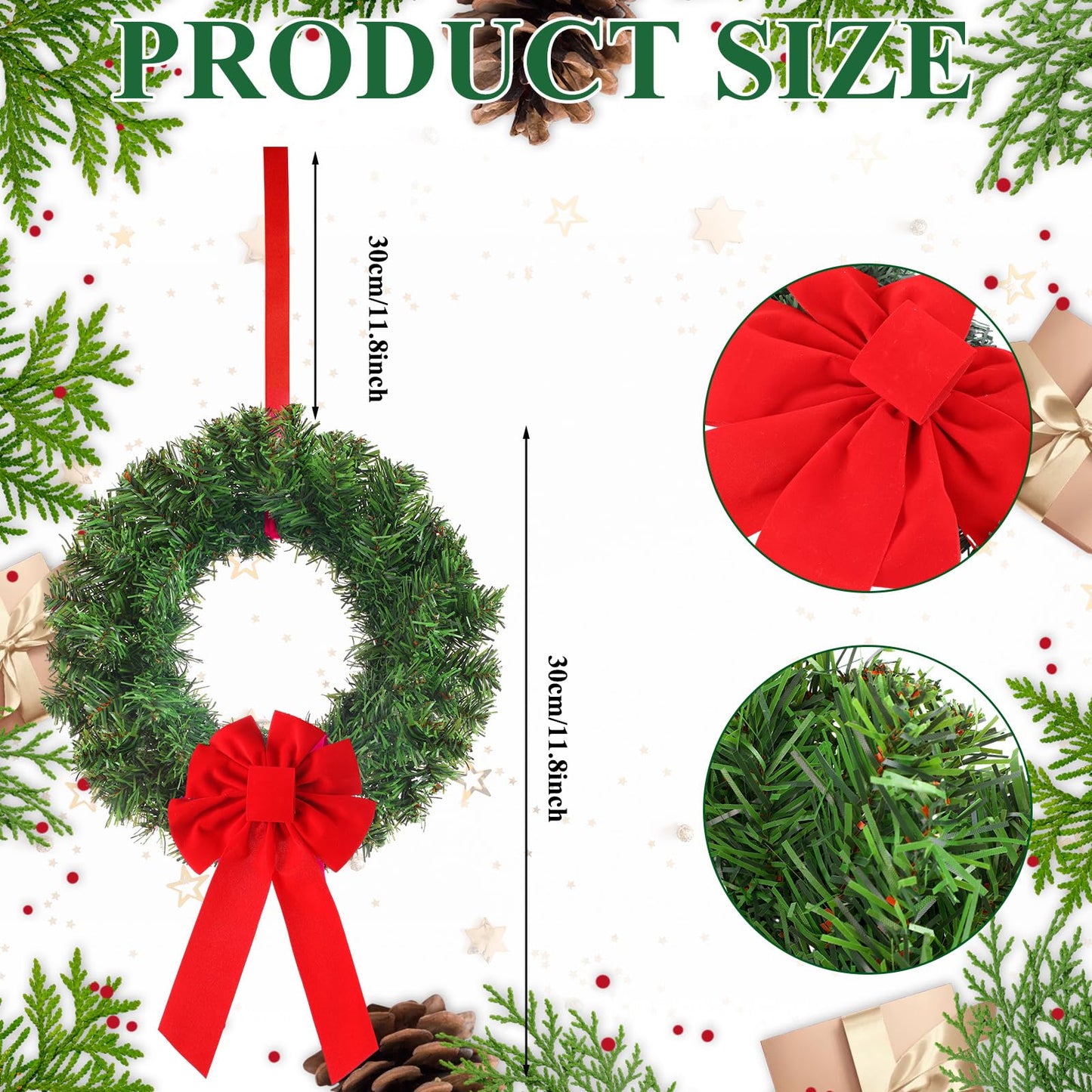 Janinka 6 Pcs Christmas Wreath for Windows 11.8 Inch Christmas Window Decorations Cabinet Wreaths with Red Bow Greenery Artificial Hanging Garlands for Fireplaces Window Home (Pine)