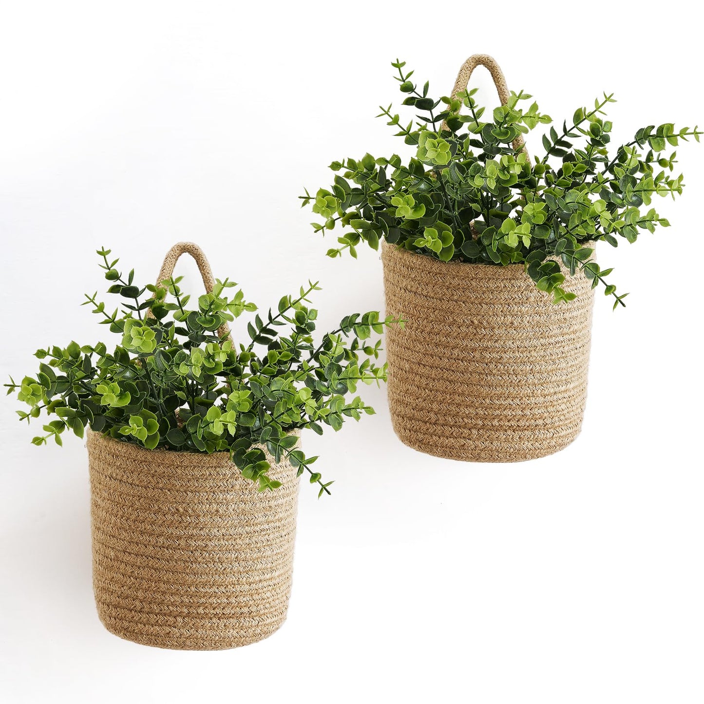 Dahey 2 Pack Wall Hanging Rope Basket (6.5"W×7"H) with Artificial Eucalyptus, Jute Woven Storage Organizer Flower Plants Basket Farmhouse Rustic Wall Decor for Porch Living Room Bedroom Entryway,Brown
