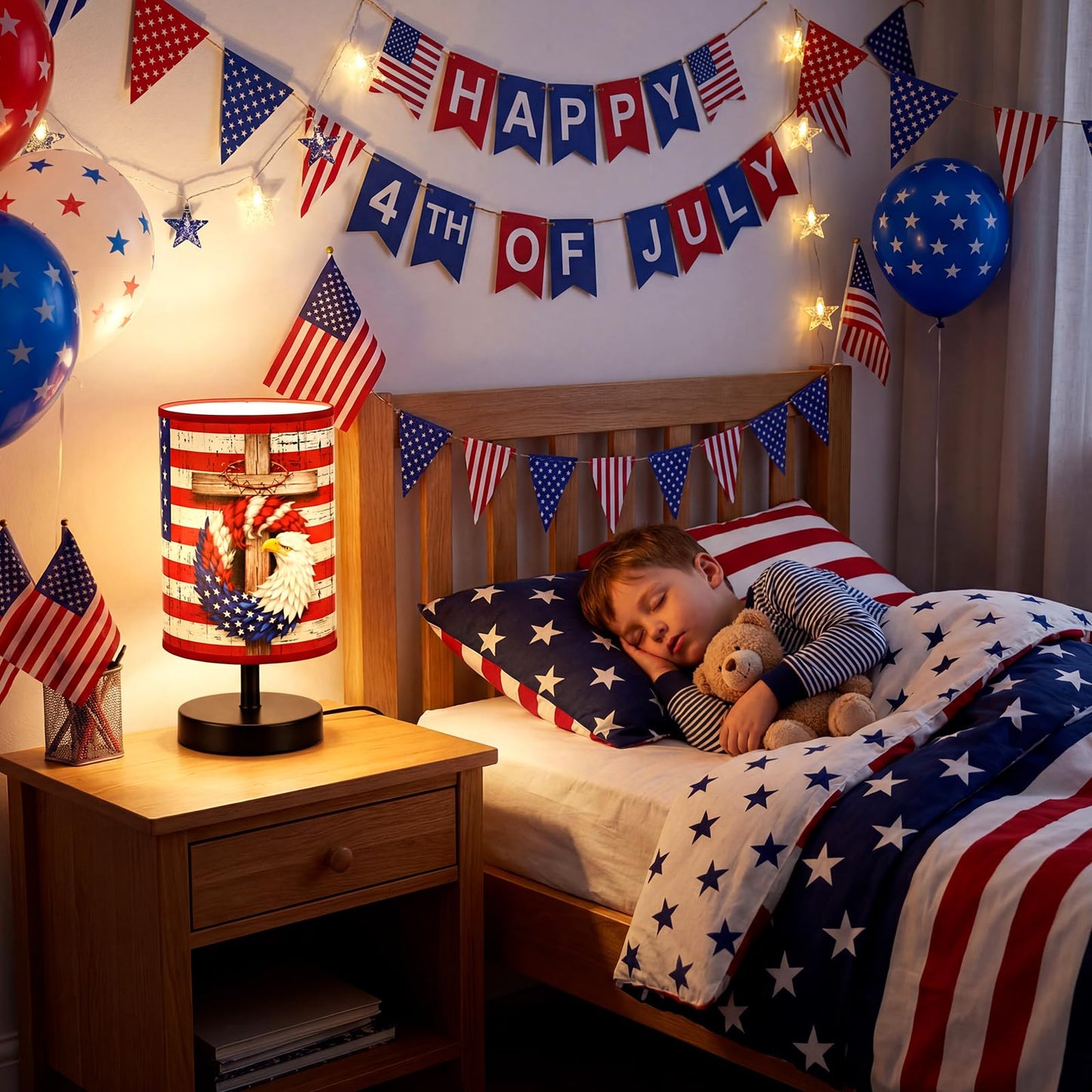 Glooglitter 4th of July Table Lamps 3 Colors Dimmable Lights 11.02 x 5.12 Inch Patriotic Bedroom Lamps Independence Day American Flag Bedside Night Light for Desk Memorial Day Birthday Gifts