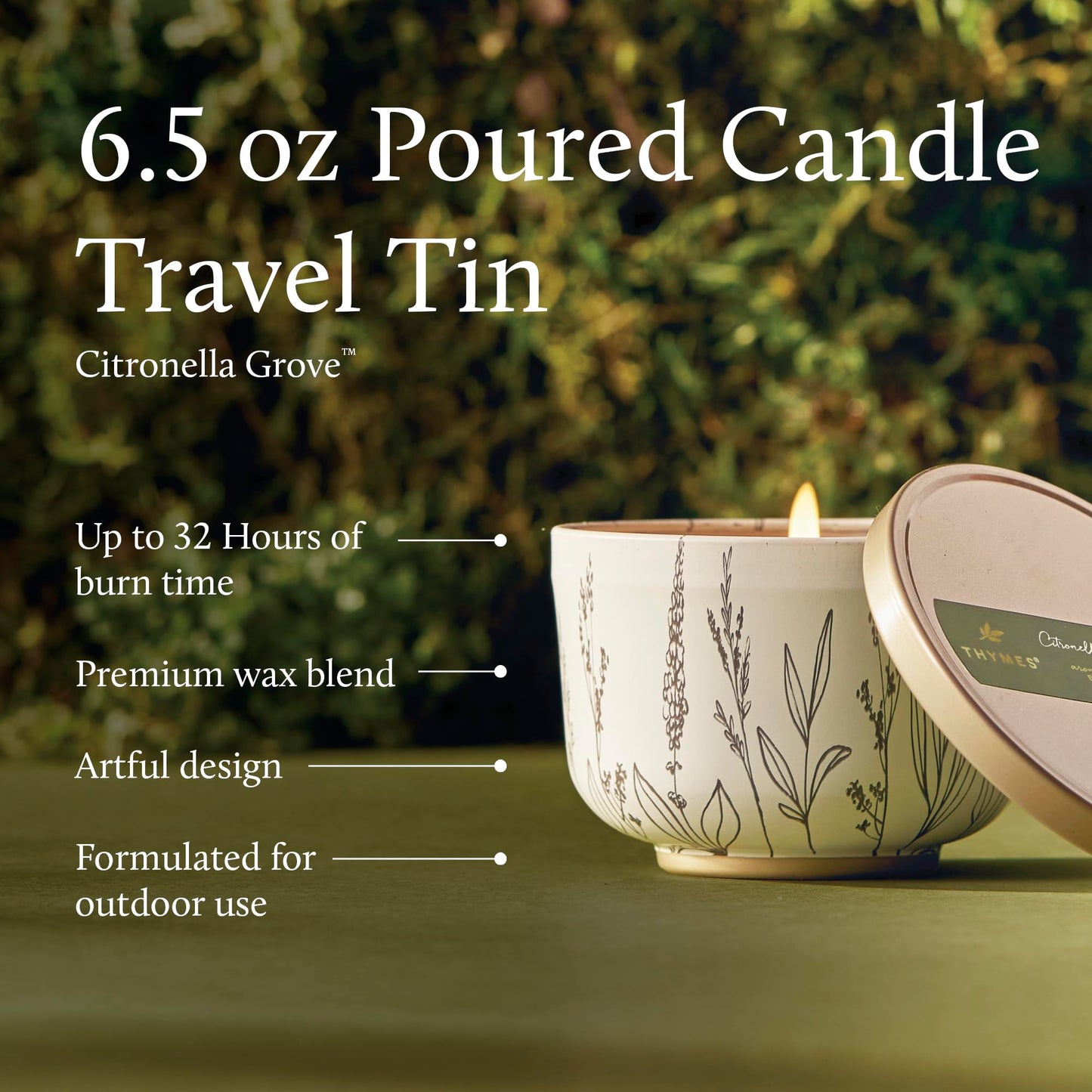 Thymes Scented Candles for Women & Men – Tin with Lid – Luxury Home Decor – Citronella Candles with Notes of Olive Leaf, Lemongrass, & Gardenia – Outdoor Decor (Citronella Grove, 6.5 oz)