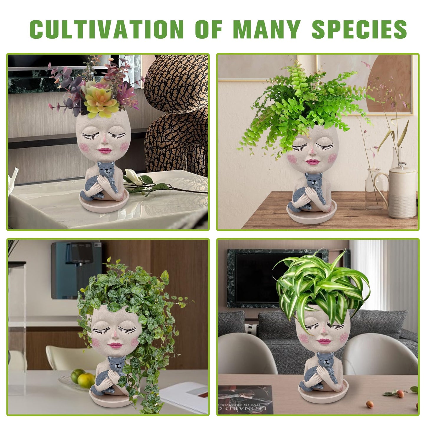 ASDFG Face Plant Pots Head Planters - Face Flower Pot Head Planter with Cat, Succulent Pots with Drainage Hole, Resin Lady Planter for Indoor Outdoor, Home Decor, Mother's Day/Women Gifts