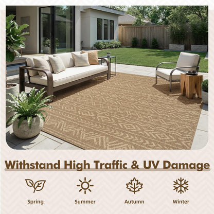 MontVoo-Outdoor Rug-Patio Rug 8x10 Polypropylene Indoor Outdoor Rug Outdoor Carpet for Patio Deck Balcony Porch, Textured Weave, Durable for High Traffic, Fade-Resistant, Boho Farmhouse Neutral Brown