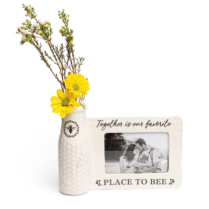 youngs Inc Ceramic Bee Vase w/Photo Frame, White, Black, 11.25" Length x 3.00" Width x 8.00" Height