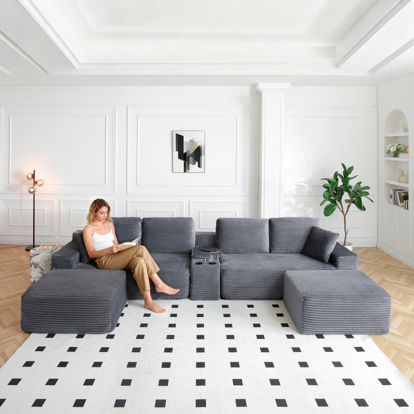 KEIKI 125" Corduroy Sectional Sofa with Two Ottomans, Upholstered Boneless Couch with Cupholders, USB Ports, Cloud Couch for Living Room, Bedroom, Office, Apartment, Gray