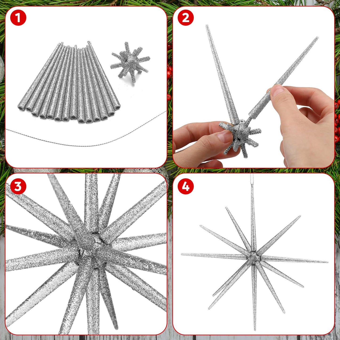 Leinuosen 5 Pcs Glitter Starburst Christmas Ornaments Include 4 Pcs 8'' Exploding Star Hanging Tree Ornament with a Large 13.7'' Starburst Christmas Tree Topper Xmas Holiday Tabletop Decor(Silver)