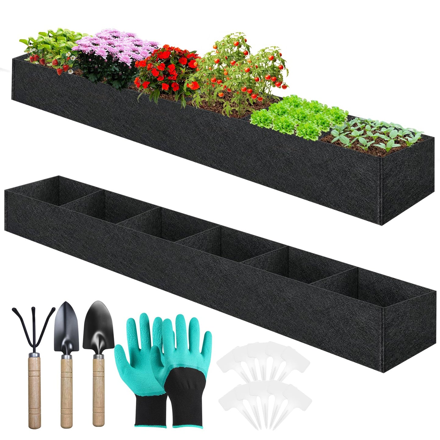 2PCS 12x2x1ft Fabric Raised Garden Bed Outdoor Patio 6 Grids Raised Planter Box Fabric Planters Grow Bags Rectangle Cloth Pots Potato Tomato Strawberry Garden Bed for Growing Vegetables Flower Herb