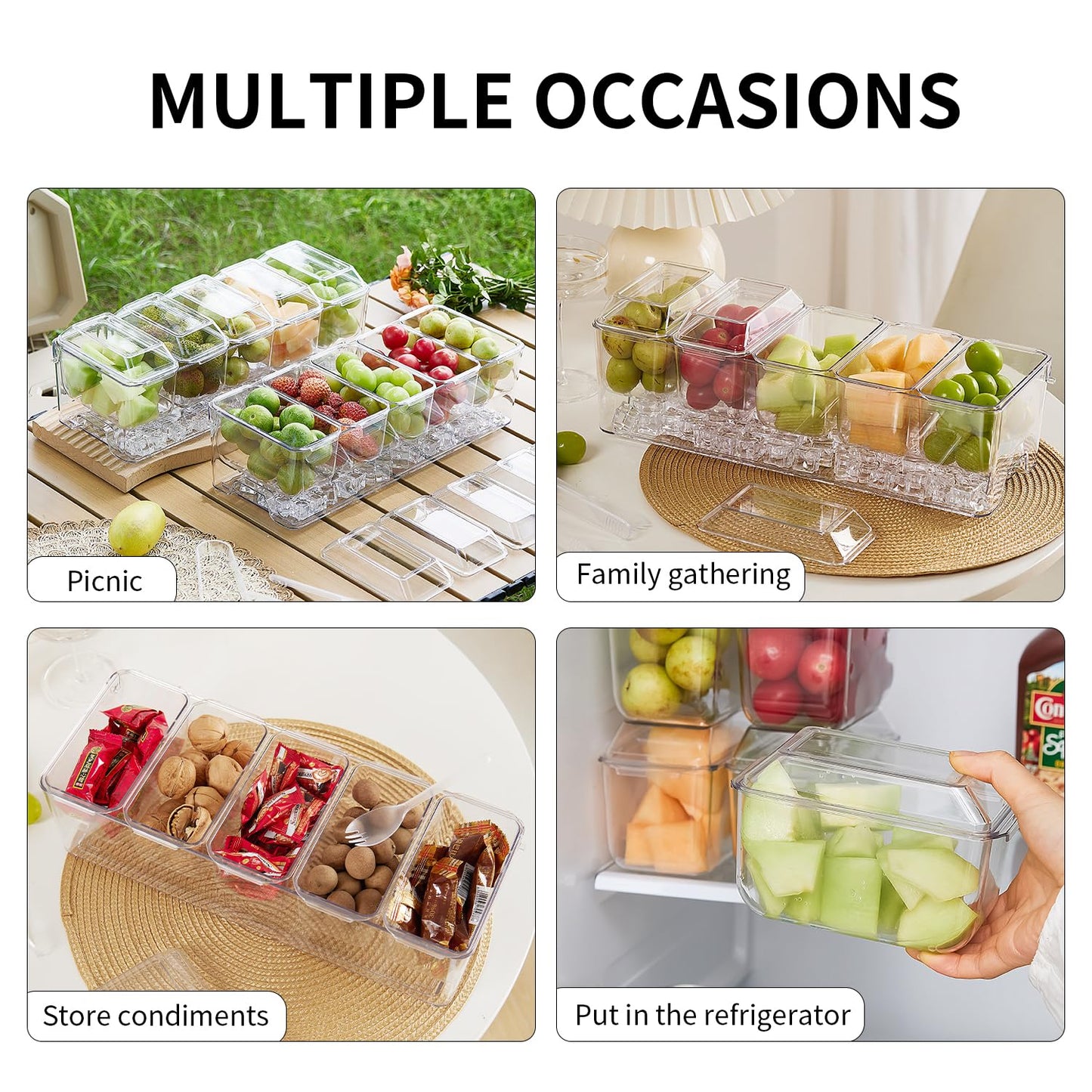 Chilled Condiment Server，Taco Bar Serving Set for Party，15.3" Condiment Serving Platters with 5 Separate Lids and Removable Compartments, Set of 5 Serving Spoons & 2 Clips (5 Containers, 1 pack)