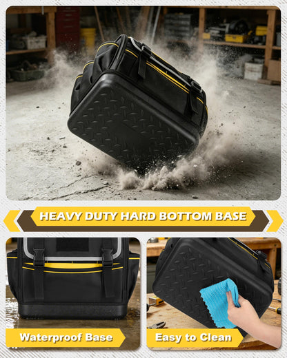 Trahzia 12-Inch Tool Bag with Hard Bottom, Electrician Tool Box Organizer with Detachable Divider, Multi-Purpose Work Tote for Mechanics, Carpenters, Plumbers, Black